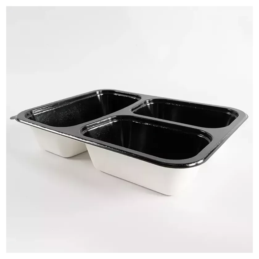 Barquette papier PET noir 3 compartiments 227x178x44mm