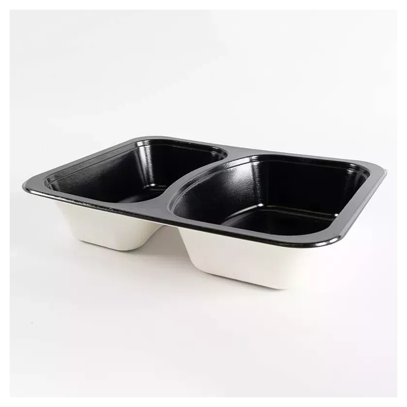 Barquette papier/PET noire 2 compartiments 227x178x44mm