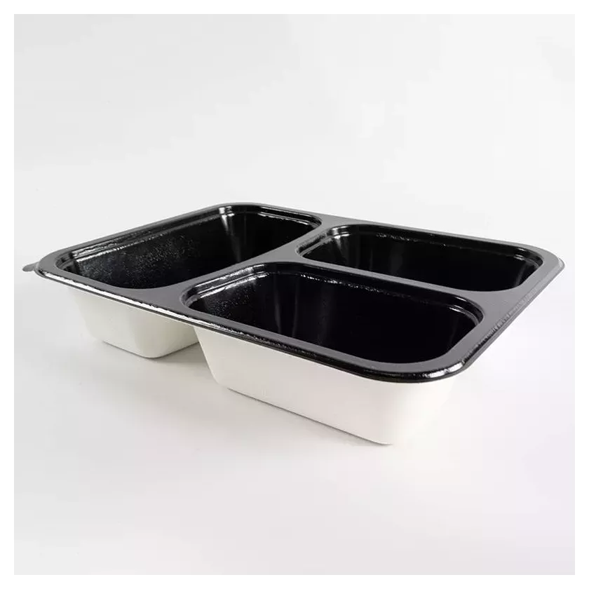 Barquette papier/PET noire 3 compartiments 227x178x44mm