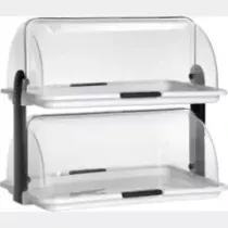 Comptoir de presentation plexi transparent deux plateaux et capot roulant