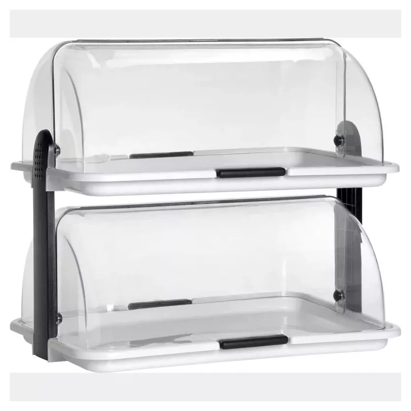 Comptoir de presentation plexi transparent deux plateaux et capot roulant