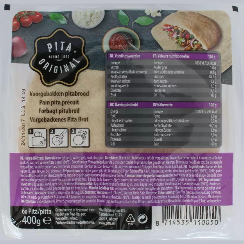 Pains pita d13cm (shoarma) Pita Original - 1x6pcs - DLC 08/09/26 (carton de 10 pièces)
