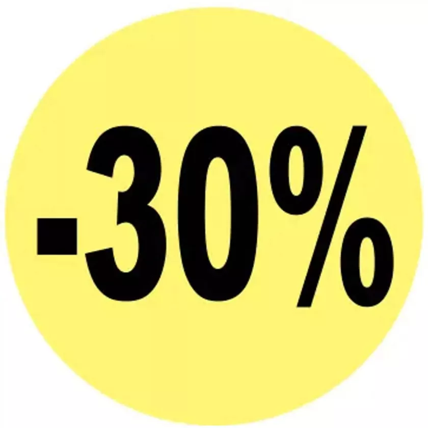 Autocollant -30 pourcent diametre 3cm fluo jaune (lot de 1 000 pièces)
