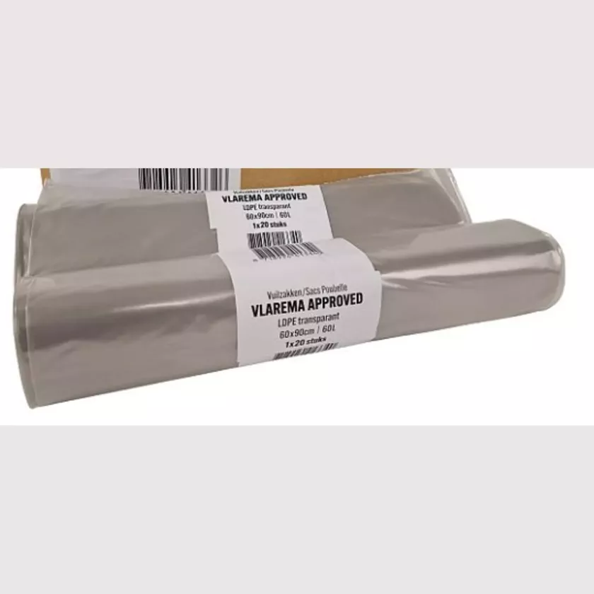 Sacs poubelles 65L 50my 60x90cm LDPE transp (10 roul 20pcs) (carton de 200 pièces)