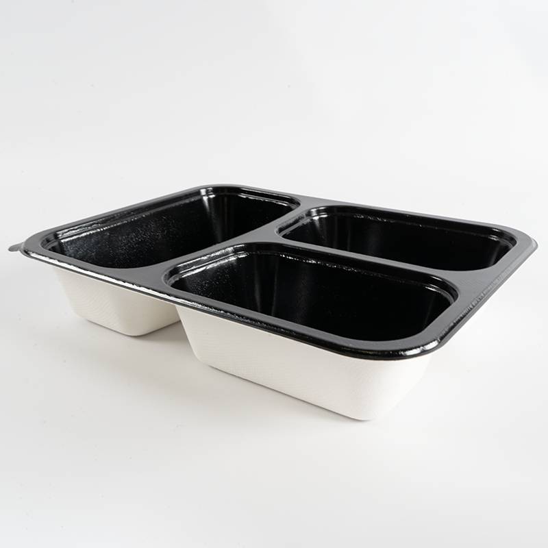 Barquette papier/PET noire 3 compartiments 227x178x44mm